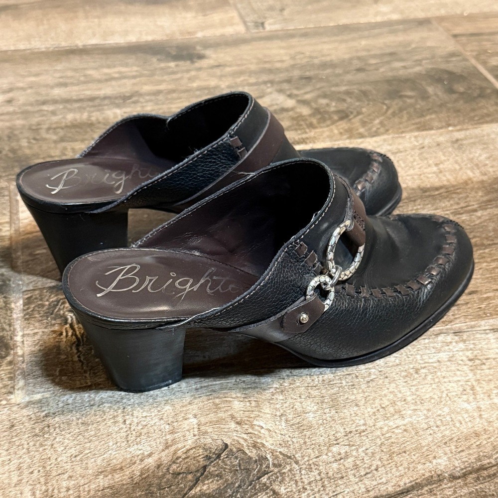 Brighton Vintage Gemini Pebbled Leather Horsebit Block Heel Mules, Black Brown,8 - Picture 3 of 10